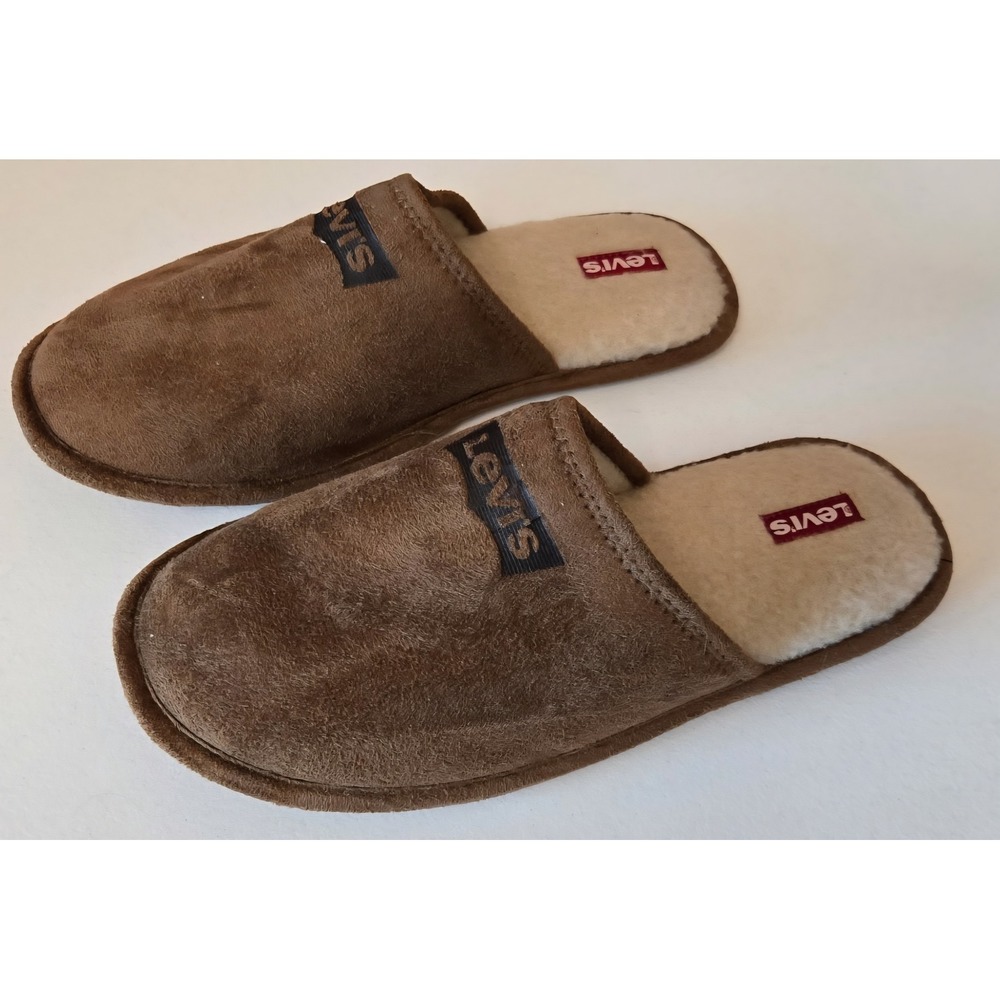 Levis Mens Brown Suede Faux Shearling Scuff Slippers Size L 9.5-10.5 House Shoes